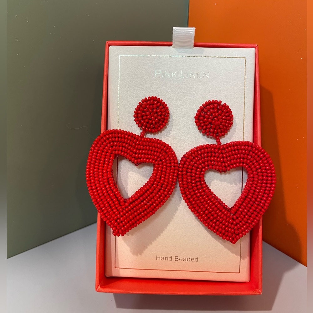 Pink Lily Red Hand-Beaded Heart Drop Earrings